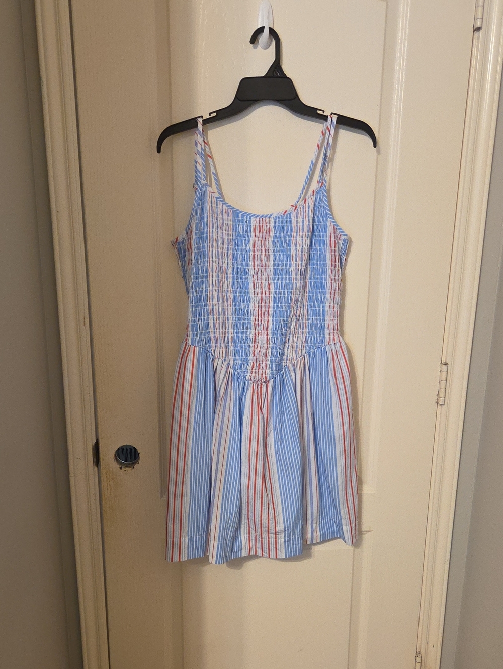 Source Unknown Blue and Red Striped Smocked Midi Dress